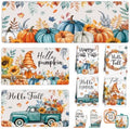 11 Pcs Fall Pumpkin Kitchen Decor Set, Blue Orange and White Rugs Towels