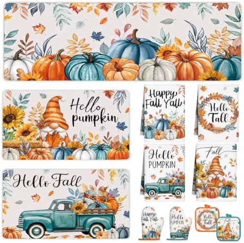 11 Pcs Fall Pumpkin Kitchen Decor Set, Blue Orange and White Rugs Towels