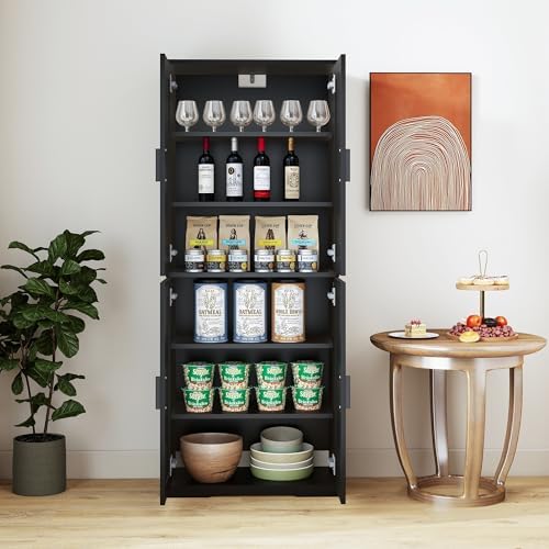 Farmhouse Storage Cabinet with 4 Door, Kitchen Pantry Storage with 4 Adjustable Shelves Wooden Cupboard for Kitchen, Dining Room, Living Room, Bathroom (Black)