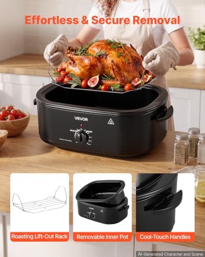 VEVOR Electric Roaster Oven, 18 Qt, Turkey Roasting Pan, Black, Metal Lid