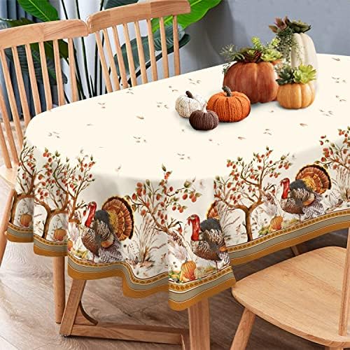 Fall Thanksgiving Double Border Decoration Tablecloth, Turkey & Pumpkin Harvest Tablecloths, Waterproof Table Cover for Dinner Kitchen Party Holiday Decorations Oval 60 x 84 Inch