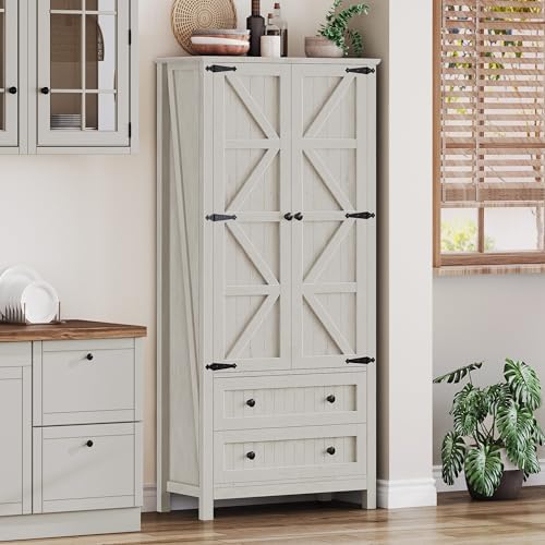 DWVO 64.5" Pantry Cabinet with Barn Doors, 2 Drawers & Shelves, Off White