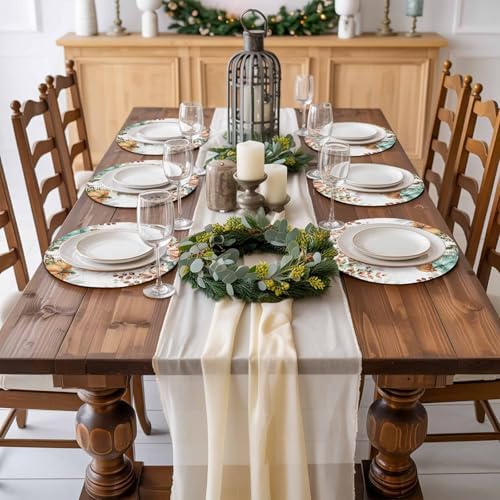 Fall Round Placemats Set of 2 Thanksgiving Autumn Eucalyptus Leaf Place Mats Woven Placemat Sage Green Maple Leaves Pumpkin Circle Braided Table Mat for Kitchen Holiday Party Fall Decor 15 Inch