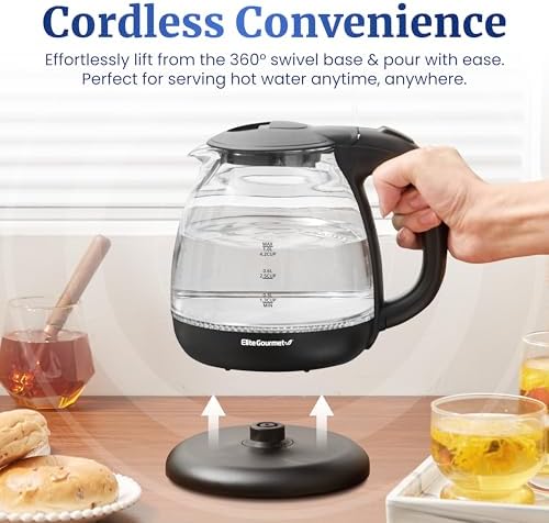 Elite Gourmet EKT1001 1.0L Glass Kettle, 1100W, Cordless Base, Black - Image 3