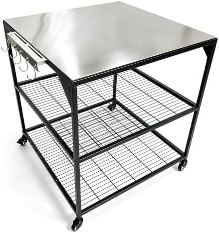 Three-Shelf Movable Stainless Steel & Steel Outdoor Dining Cart Table Pizza Oven Protable Grill and Heavy Duty Grill Cart Outdoor Table
