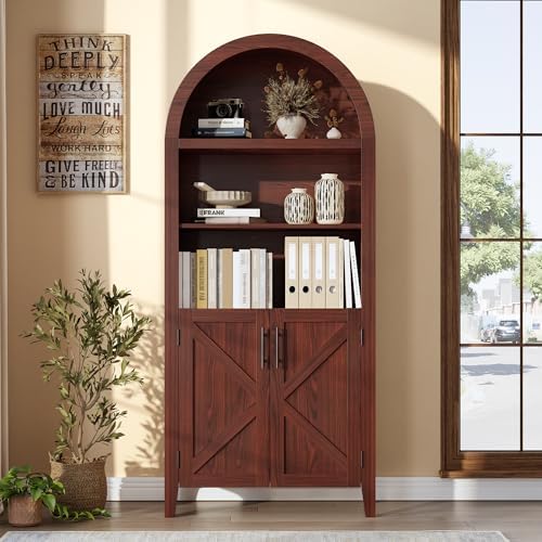 Arched Kitchen Pantry Cabinet with Doors, 5-Tier Walnut Open Display Shelf