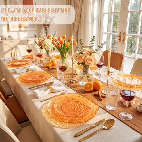 Rubtlamp 100Pcs Orange Plastic Plates, Orange Disposable Plates With Gold Rim, Hammered Plastic Plates Include 50 Dessert Platos, 50 Dinner Platos for Thanksgiving Party