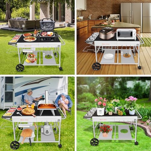 50"x 25" Pizza Oven Table,Outdoor Pizza Cart with Topping Station Grill Table Stand with Wheels for Ninja, Blackstone Griddle, Ooni, Gozney, Cuisinart.