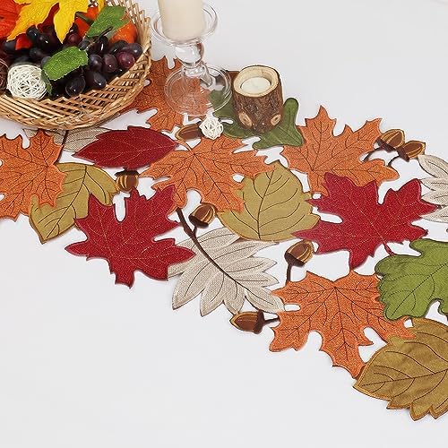 OWENIE Fall Table Runner 90 Inches Extra Long, Fall Decor for Home, Embroidered Thanksgiving Table Runner, Fall Leaves Harvest Maple Leaf Decoration for Autumn, Applique Dresser Scarf