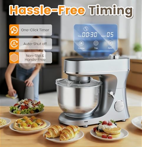 Stand Mixer 6QT Kitchen Mixer with LED Smart Touchscreen, 11-Speed Tilt-Head Mixer with Timer, 4 Preset Menus, Stainless Steel Bowl, Dough Hook, Whisk, Beater (Sliver, 6Qt)