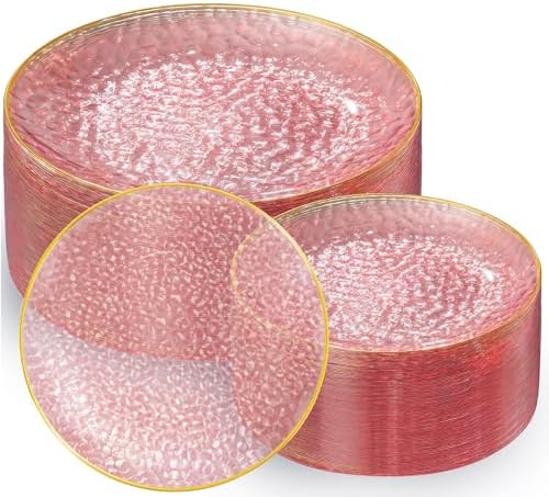 Rubtlamp 100Pcs Clear Pink Gold Plastic Plates, Pink Disposable Plates With Gold Rim, Hammered Plastic Plates Include 50 Clear Dessert Platos, 50 Dinner Platos for Party
