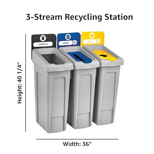 3-Stream Rectangular Recycling Station Kit, Grey, 69 Gallon Capacity, Polyethylene Material