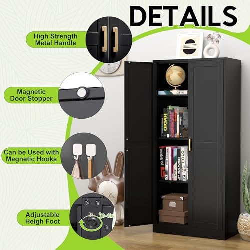 UNICOLY Metal Kitchen Pantry Cabinet, Storage Cabinet with Doors and Shelves, Cupboard with Adjustable Leveling Foot, for Laundry, Living Room, Bathroom, Dinning Room, Assembly Required, Black 60" H