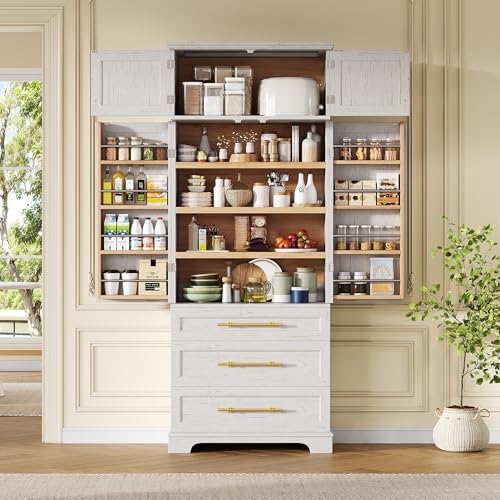 Ball & Cast 78" Tall Farmhouse Kitchen Pantry Cabinet,Freestanding Storage Cabinet with 8 Door Shelves, 3 Adjustable Shelves & 3 Large Drawers, Kitchen Pantry Cupboard for Dining Room, Bathroom, White
