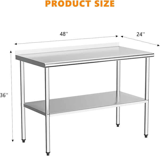 ROVSUN 48'' x 24'' Stainless Steel Table for Prep & Work,Commercial Worktables & Workstations, NSF Heavy Dut Metal Table with Adjustable UnderShelf & Backsplash for Kitchen,Restaurant,Home,Hotel