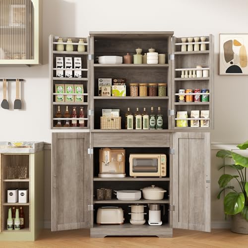 Shintenchi Kitchen Pantry Cabinet, Farmhouse Tall Cupboard, Ash Gray