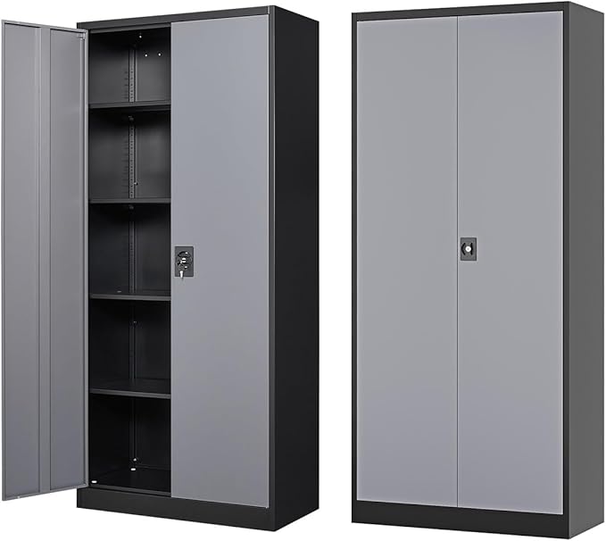 Metal Storage Cabinet-72” Tall Steel File Cabinets with Lockable Doors and Adjustable Shelves-Black&Gray Steel Storage Cabinet for Kitchen, Office, Garage