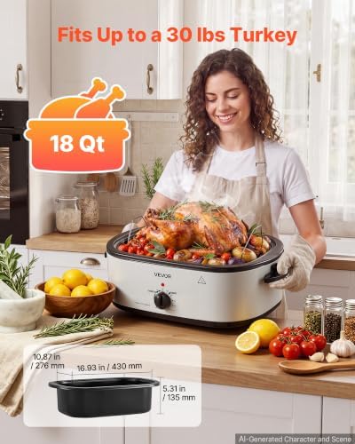 VEVOR Electric Roaster Oven, 18 Qt, Turkey Roasting Pan, White, Metal Lid