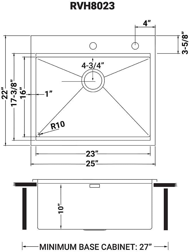 Ruvati 25 x 22 inch Workstation Drop-in Tight Radius Topmount 16 Gauge Stainless Steel Ledge Kitchen Sink Single Bowl - RVH8023