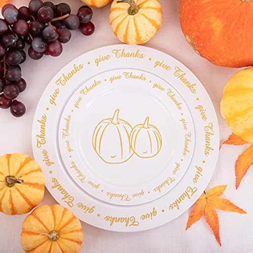 LIYH 175 Pcs Plastic Thanksgiving Plates Disposable Dinnerware sets, Thanksgiving Plates and Napkins, Gold Plastic Plate Napkins Fall Tableware 25 Guests