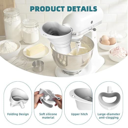 Silicone Flour 5QT 6QT 7QT Long Size Funnel for Kitchen Aid Stand Mixer,Food Grade BPA-Free Silicone Durable Long Version Funnel Fits 5QT 6QT 7QT,Mess-Free Dishwasher Safe Baking Accessory(White-Long)