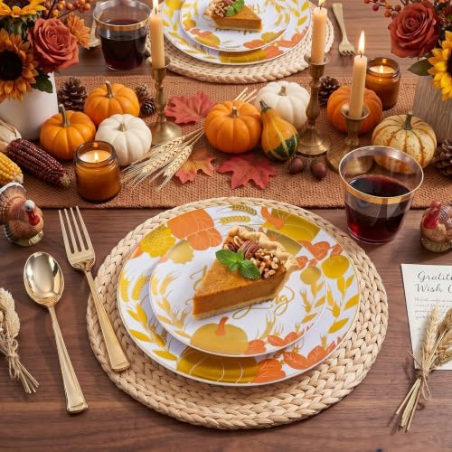 KIRE 150PCS Thanksgiving Plates Dinnerware Pumpkins - Plastic Thanksgiving Plates Include 25 for Dinner 25 for Salad 25Forks 25Knives 25Spoons 25Gold Cups for Fall/Friendgiving Party