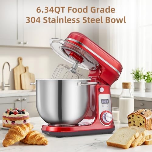 Electric Stand Mixer, 6.34QT 6-Speed Food Mixer with Timer