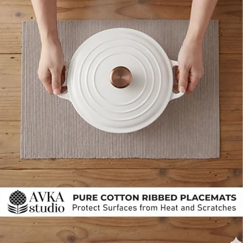 100% Cotton Ribbed Placemats - Set of 6-13 x 19 Inches - Taupe - Everyday Cloth Table Mats - Thick Construction, Washable & Reusable Cloth Place Mats - by AVKA Studio