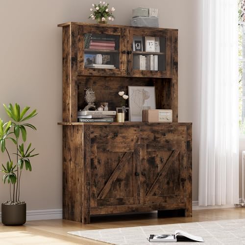 Jojoka 63" Tall Kitchen Pantry Hutch Cabinet with Drawers, Freestanding Storage Cabinet with Microwave Stand, Adjustable Shelves & Tempered Glass Doors for Dining Room Living Room,Brown