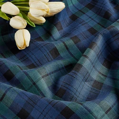 Solino Home 100% Pure Linen Table Runner, 14 x 72 in, Blue and Green Plaid