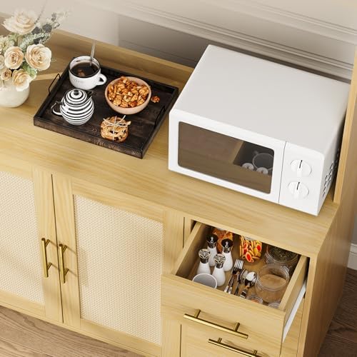 Tall Rattan Kitchen Pantry Storage Cabinet,Freestanding Coffee Bar Hutch