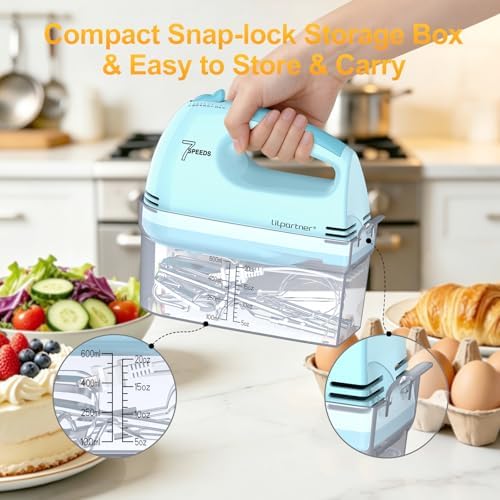 LILPARTNER Electric Hand Mixer with Storage Box, Ultra Power Kitchen Hand Mixer With 7-Speed & 5 Stainless Steel Accessories for Whipping Dough, Cream, Cake, Dishwasher Safe, LIGHT BLUE BOX