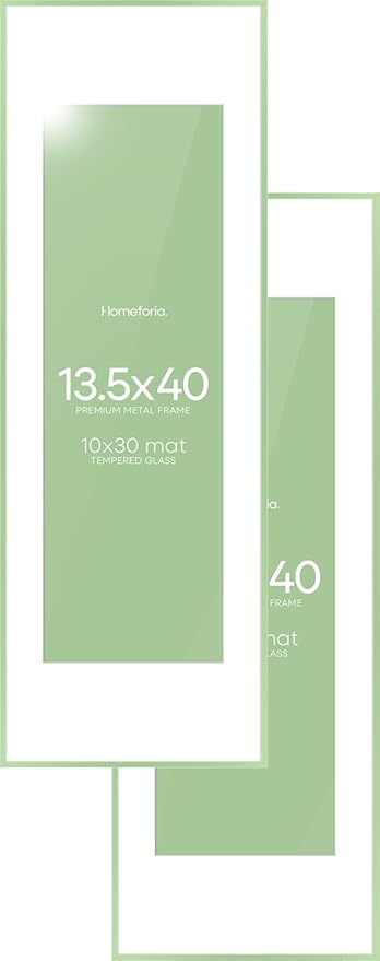 Homeforia 13.5x40 Picture Frame Sage Green, High End Metal 13.5x40 Panoramic Poster Frame with Mat 10x30 Photo, 13.5 x 40 Frame Matted to 10 x 30 Art, 40x13.5 Frame, Tempered Glass, Wall Kit, Set of 2