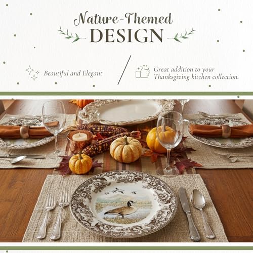Spode Woodland Canadian Goose Dinner Plate - 10.5 Inch Fine Earthenware with British Flowers Border, Microwave, Oven, Freezer & Dishwasher Safe - Hunting-Inspired Thanksgiving Plate, Made in England