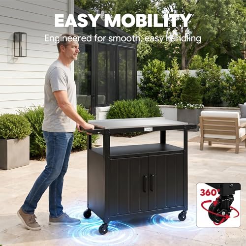 Feasto Outdoor Grill Cart w/Storage Cabinet, Stainless Steel Top, Black