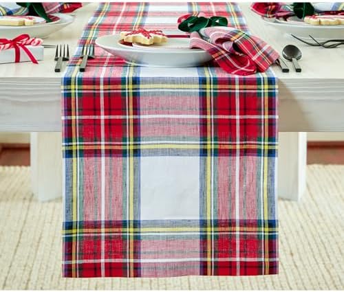 Solino Home 100% Pure Linen Table Runner White, Stewart Plaid 14 x 108 in