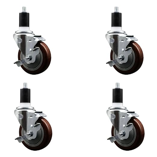 Service Caster Brand Replacement Set for Uline Casters - Swivel 1-1/2 Inch Expanding Stem Casters with 4 Inch Maroon Polyurethane Wheel-Includes 4 Swivel Casters and Brakes-Fits Uline Worktable H-5746