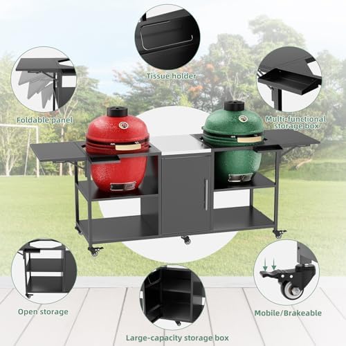 KEIKI Outdoor Grill Cart for Two Big Green Egg, Multi-Functional Movable BBQ Cart, Metal Grill Table Compatible with Large Big Green Egg, Kamado Joe 18 Inch,and Other Similar Models