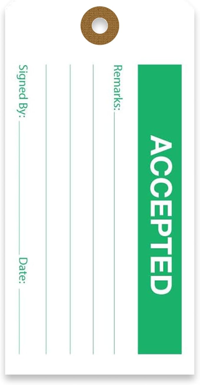 Tags 4 Less Production Quality Control Hang Tags – Equipment Preventative Maintenance Labels, for Easy Record-Keeping for Inventory Status (Accepted, Pack of 100)