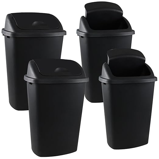 Kitchen Trash Can 13 Gallon with Swing Lid, Plastic Garbage Can Waste Bin, Recycle Bin and Waste Basket for Home, Office, Garage, Patio, Restaurant (Black, 4 Pack)