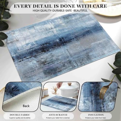 Mcalk Dark Blue Table Runner and Placemats Set of 6 Pieces, Blue Placemat, Cloth Place Mats Indoor for Kitchen, Washable Abstract Placemats Linen Material for Dining Table