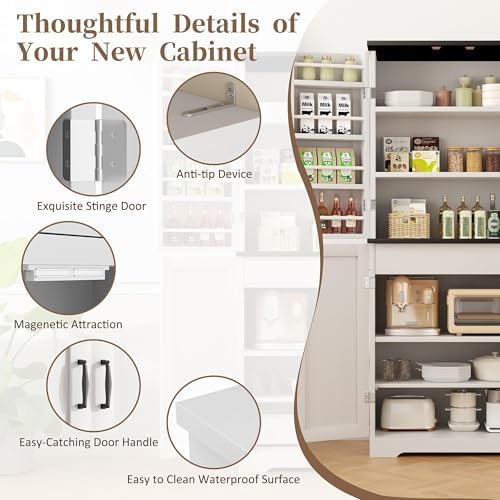 Shintenchi Kitchen Pantry Cabinet, Farmhouse Tall Cupboard Storage, White