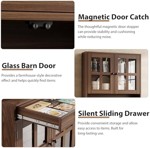 IDEAHOUSE 72" Kitchen Pantry Cabinet with Glass Doors & Drawer, Walnut
