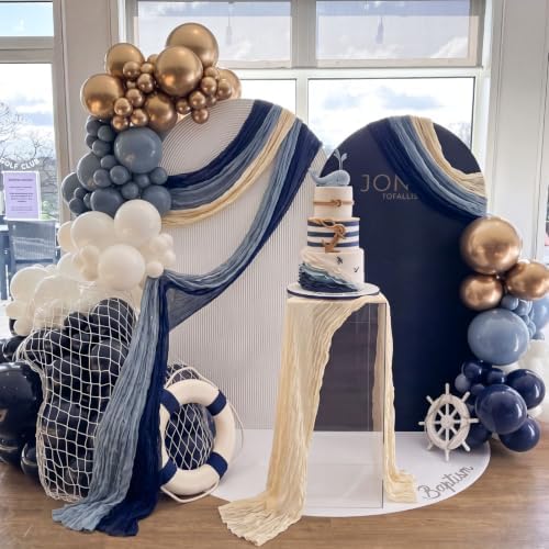 6 Pcs Navy and Dusty Blue Cheesecloth Table Runner 118" Coastal