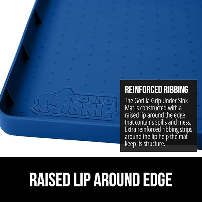 GORILLA GRIP Waterproof Silicone Under Sink Mat with Raised Lip for Kitchen and Bathroom, Cabinet Shelf Liner Stay in Place Mats Dishwasher Safe Drawer Liner, Organizer Tray, 19 x 34 in, Blue