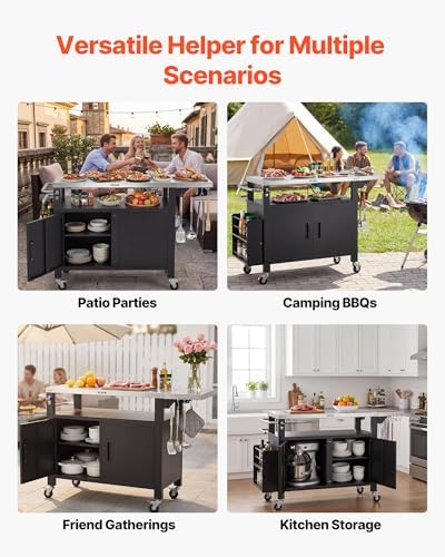 VEVOR Outdoor Grill Cart with Storage Cabinet, 55.1 Inch Grill Table, Waterproof Kitchen Island with Stainless Steel Top, Shelf, and Wheels, Movable Food Prep Station for Patio Bar Backyard BBQ