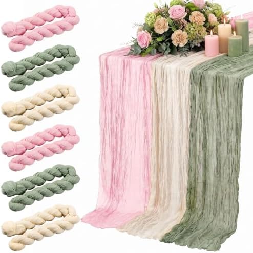 6pcs Sage Green & Pink Cheesecloth Table Runners 118" Boho Gauze