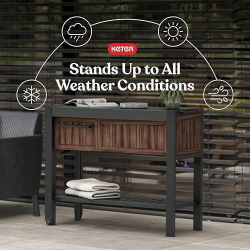 Extendable Outdoor Bar Cart with Hidden Cooler, Storage Drawers & Prep Surface – Mobile Patio Serving Station with Drainage Kit & Hidden Wheels for Backyard, Garden & Poolside Entertaining
