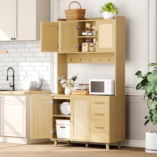 Garvee Rattan Pantry Cabinet, 71 in Kitchen Pantry with Microwave Stand, Freestanding Hutch with Drawers, Doors and Hooks, Boho Storage Cabinet for Dining Room, Kitchen, Living Room, Natural