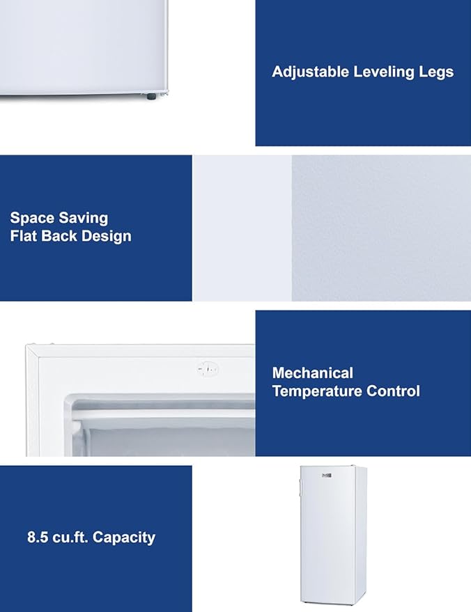 BLACK+DECKER 8.5 Cu. Ft. Upright Freezer, Stand Up Freezer with Mechanical Temperature Control, Freezer Upright with 3 Shelves and 4 Door Bins, Manual Defrost, R600a Refrigerant, BUF850LW, White